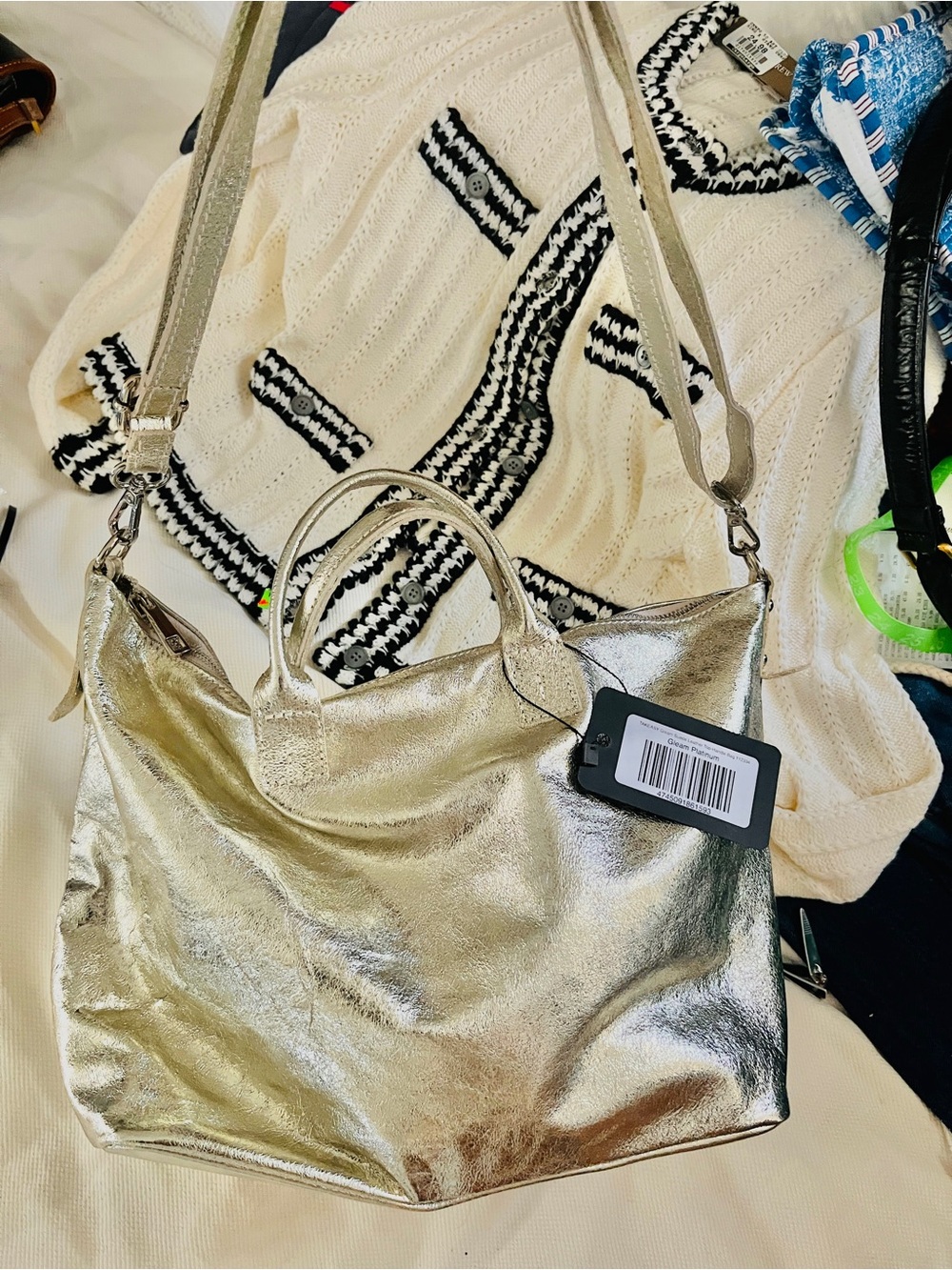 Metallic super  light  gold  Leather Tote with Removable Shoulder Strap